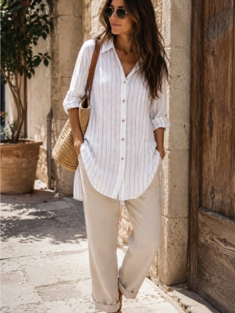 Rosemarine White 100% Linen Button-Down Shirt with Blue Stripes